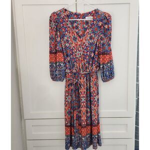 Calvin Klein Womens Orange Blue Pattern 3/4 Sleeve V Neck Dress Tie Belt Size 10
